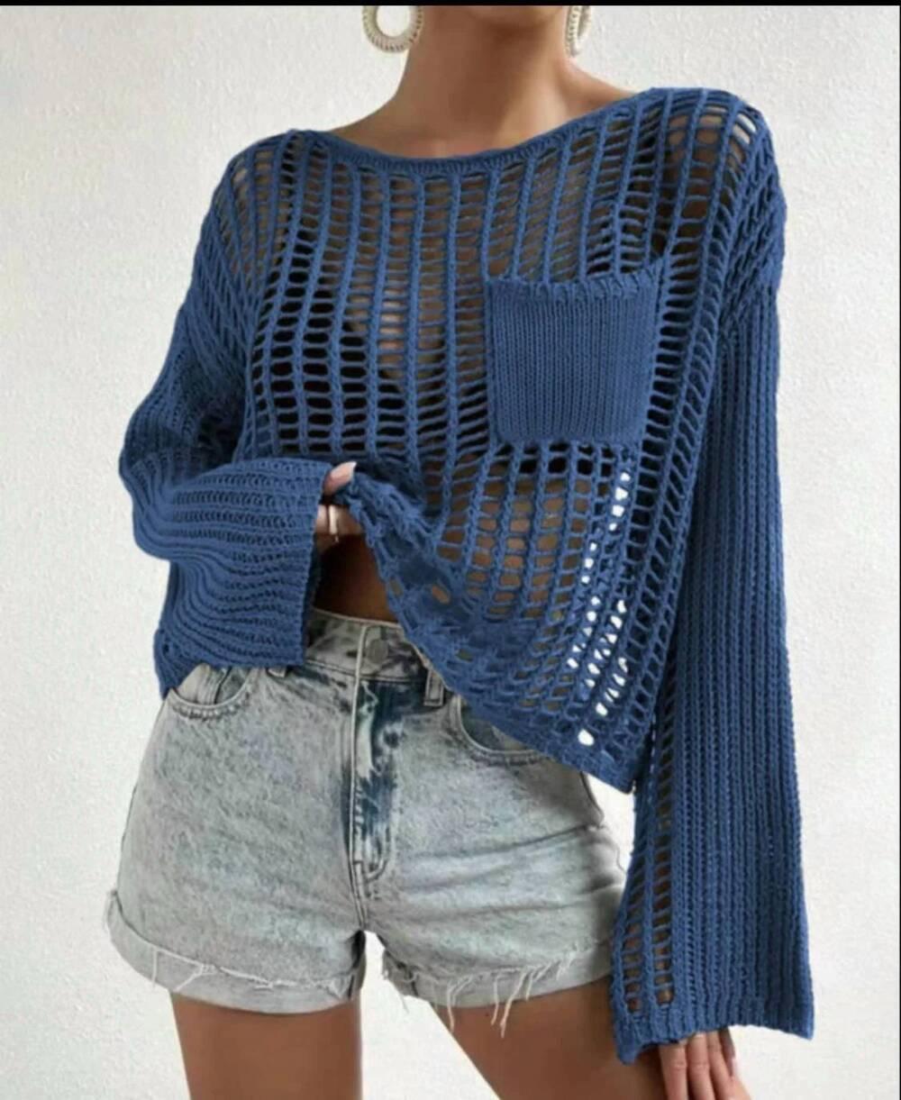 NEW SERENITY hollow out knit drop sleeve sweater in blue
